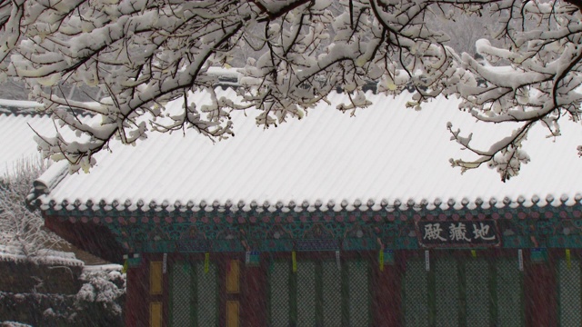 韩国全罗南道，若溪山/顺天溪松光沙寺的冬季雪景视频素材