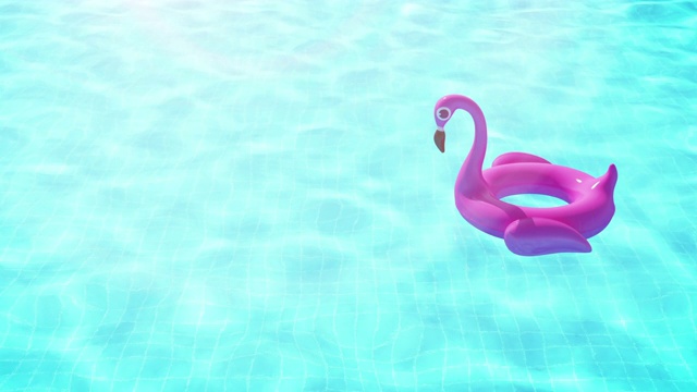 粉色的充气火烈鸟漂浮在游泳池的蓝色水面上，夏季度假和旅游的概念与文本空间，逼真的3d渲染视频素材