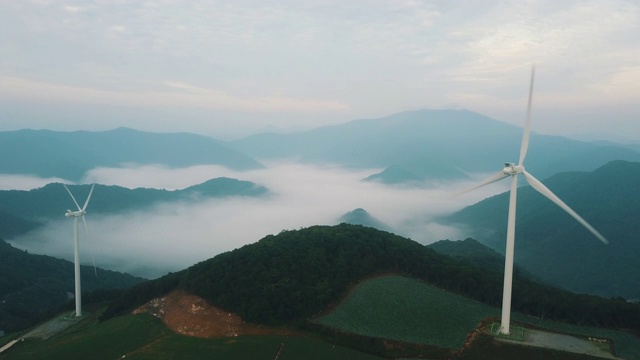 “Anbandegi”田(风景优美的白菜地)和带雾的风力涡轮机/江陵溪，江源道，韩国视频素材