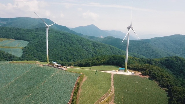 “Anbandegi”田(风景优美的白菜地)和风力涡轮机/江陵溪，江原道，韩国视频素材