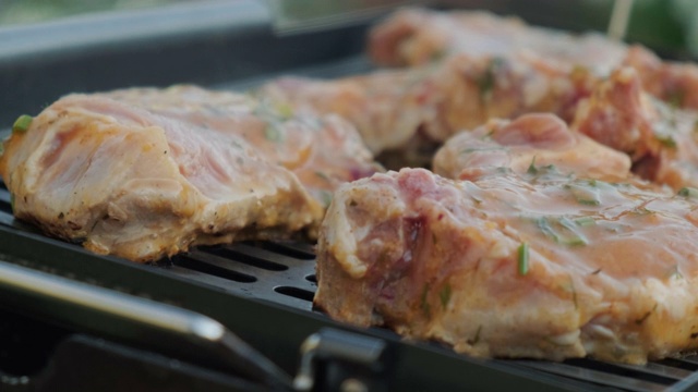 多汁的肉排烤架，猪肉内脏烧烤，腌猪肉碎炒，烹饪，多汁的肉烧，美味的组合。户外聚会视频素材