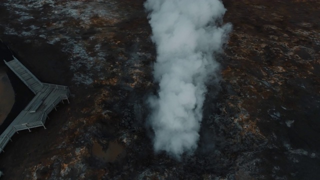 航拍镜头显示烟上升从Gunnuhver温泉，冰岛视频素材