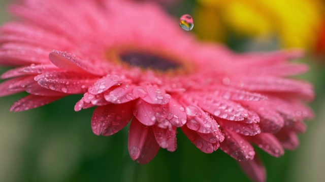 雨滴从天空落在粉红色的非洲菊上。被水滴覆盖，花瓣在它们的重量下摇摆。慢镜头微距拍摄视频素材