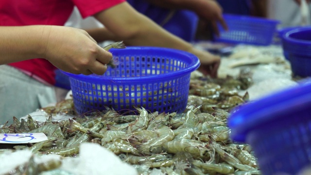 人们选择在海鲜市场购买鲜虾。视频素材