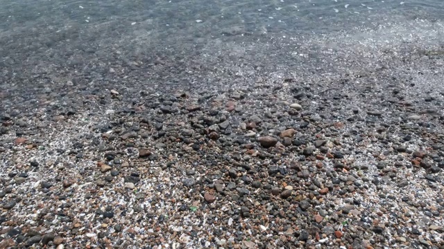 卵石海岸的特写，海滩上的海藻和海浪在背景中。海景视频素材