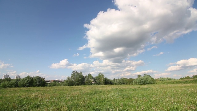 蓝天和白云。长满绿草的草地。夏季风景明媚，天气晴朗。相机从上到下垂直拍摄。视频素材