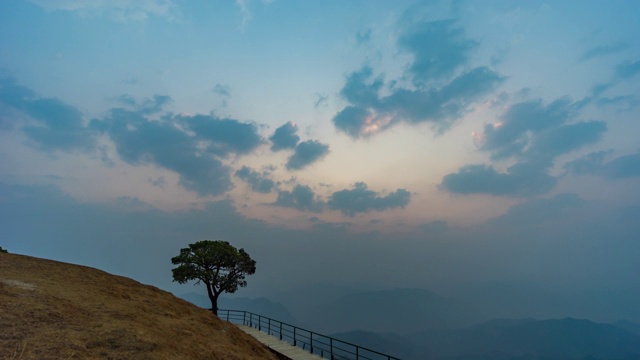 孤独的树与戏剧性的天空在山上，时间流逝视频视频素材