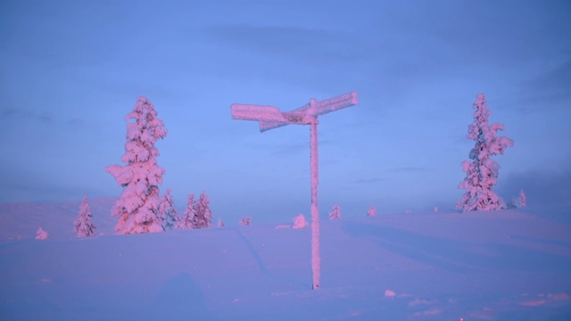 拉普兰地区的路标和树木在晚上被雪完全覆盖。采用针视频素材