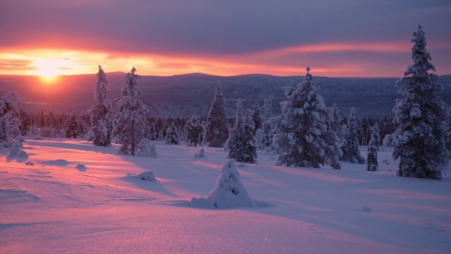 芬兰拉普兰的雪野全景，在明亮的橙色日落视频素材