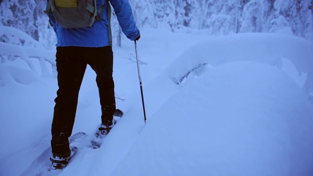 在芬兰的拉普兰，一名男子穿着雪地鞋在冰冻的森林里徒步旅行视频素材