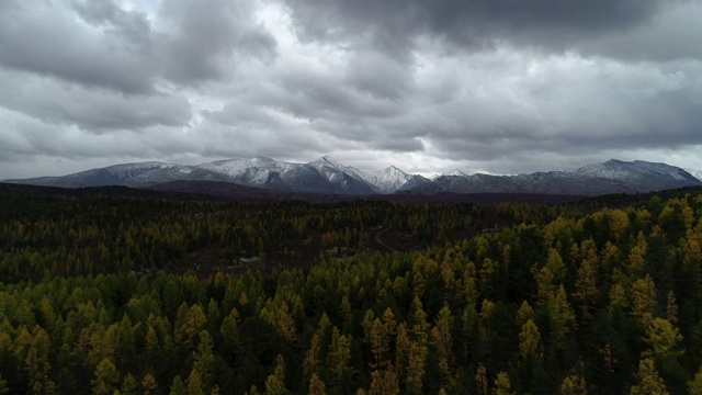 美丽明亮的地平线森林雪山石峰。高全景飞无人在农村植物。旅游目的地田园风光。戏剧性的黄昏烟雾天空。探索西伯利亚视频素材