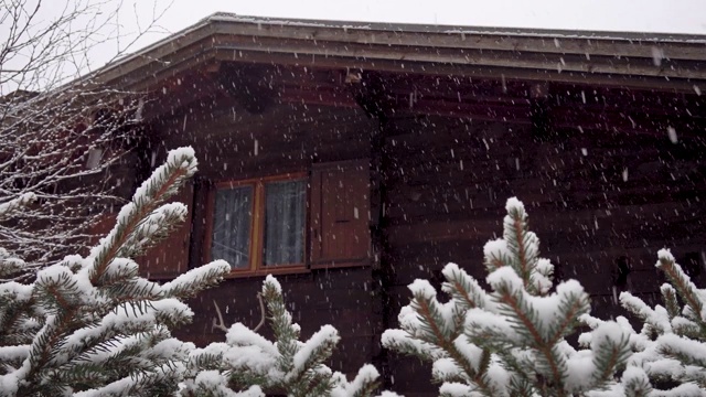 农村下大雪。雪花落在云杉的树枝上，背景是一座美丽的木屋视频素材