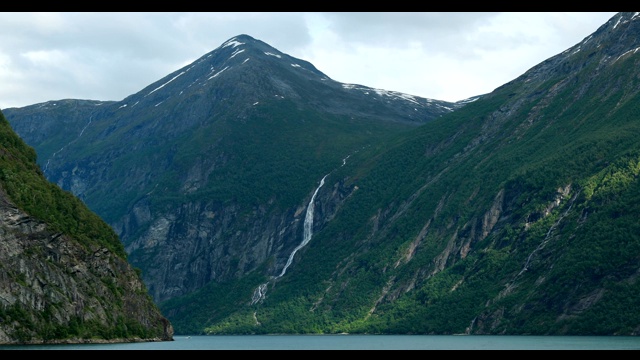 Geirangerfjord,挪威。旅游船渡船浮动班轮在春天夏天穿过盖朗格峡湾水域。著名的挪威地标和受欢迎的目的地视频素材