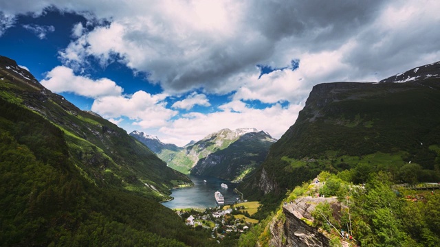 Geirangerfjord,挪威。阳光明媚的夏日，盖兰格峡湾。著名的挪威地标和受欢迎的目的地。FullHD视频素材