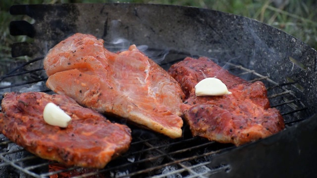 用大蒜和其他香料烤猪肉和鸡肉。视频素材