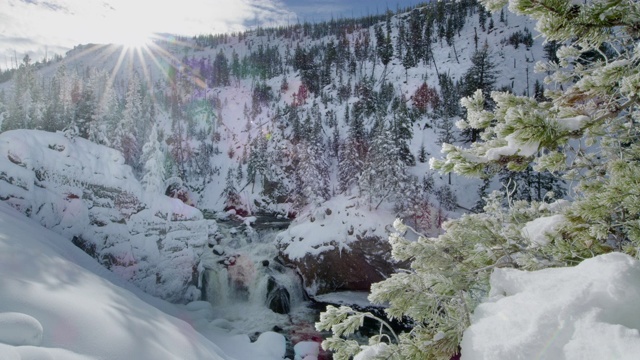 一个小瀑布汇编的河流和积雪的上部瀑布视频素材