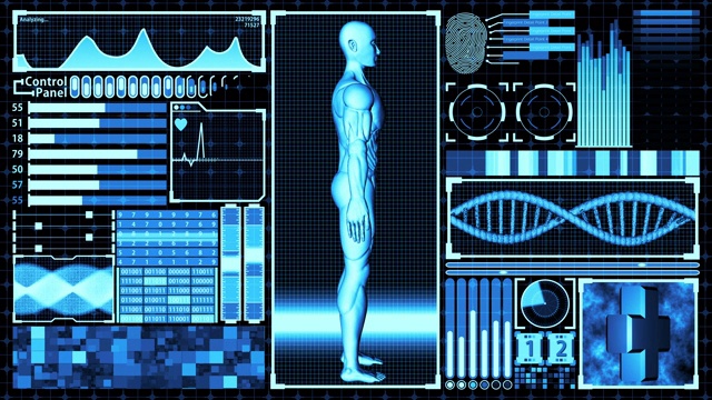 3D渲染人体和DNA双螺旋扫描分析抽象医学未来HUD显示屏幕界面视频下载