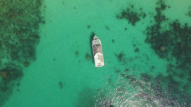 从上到下，可以看到一艘船在夏天的绿色泻湖上漂浮视频素材