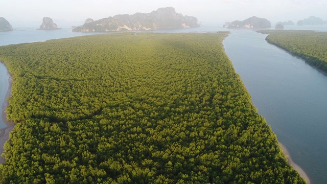 鸟瞰图红树林在一个热带岛屿上的海洋，河流，山脉在泰国。视频下载