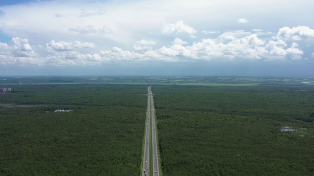 夏季阴天下穿过森林的道路，无人机航拍视频素材