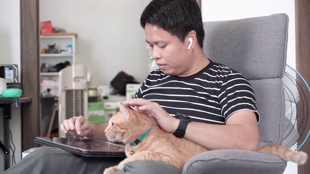 男人在家休息和玩猫。视频素材