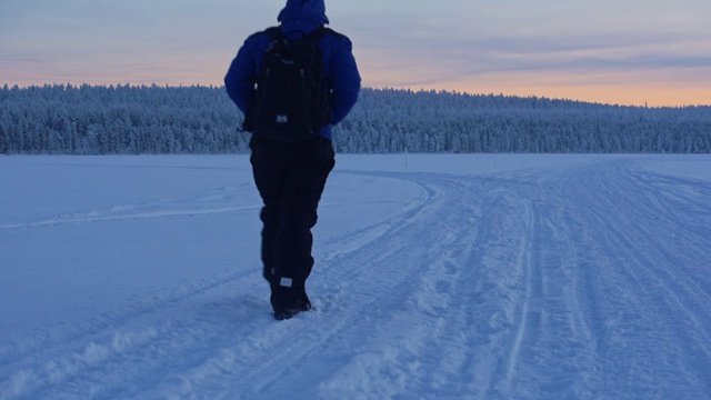 在芬兰拉普兰(Lapland)纯白的雪地上，我们沿着轮胎印走向森林视频素材