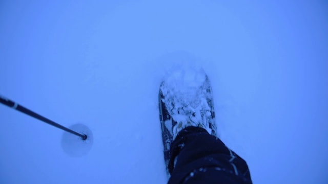 芬兰，一名男子穿着雪鞋，手持滑雪杆，慢慢走进一片厚冰中视频素材