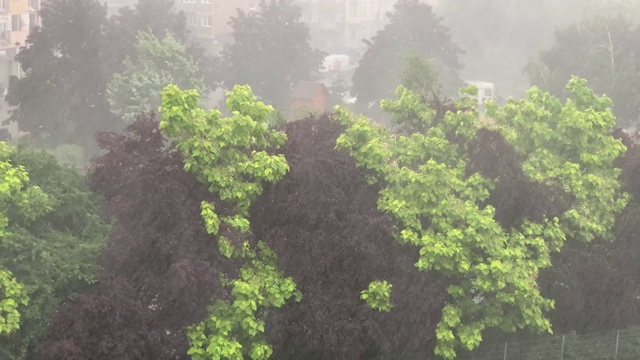 暴雨和冰雹伴随着波兰城市突然爆发的暴风雨视频素材