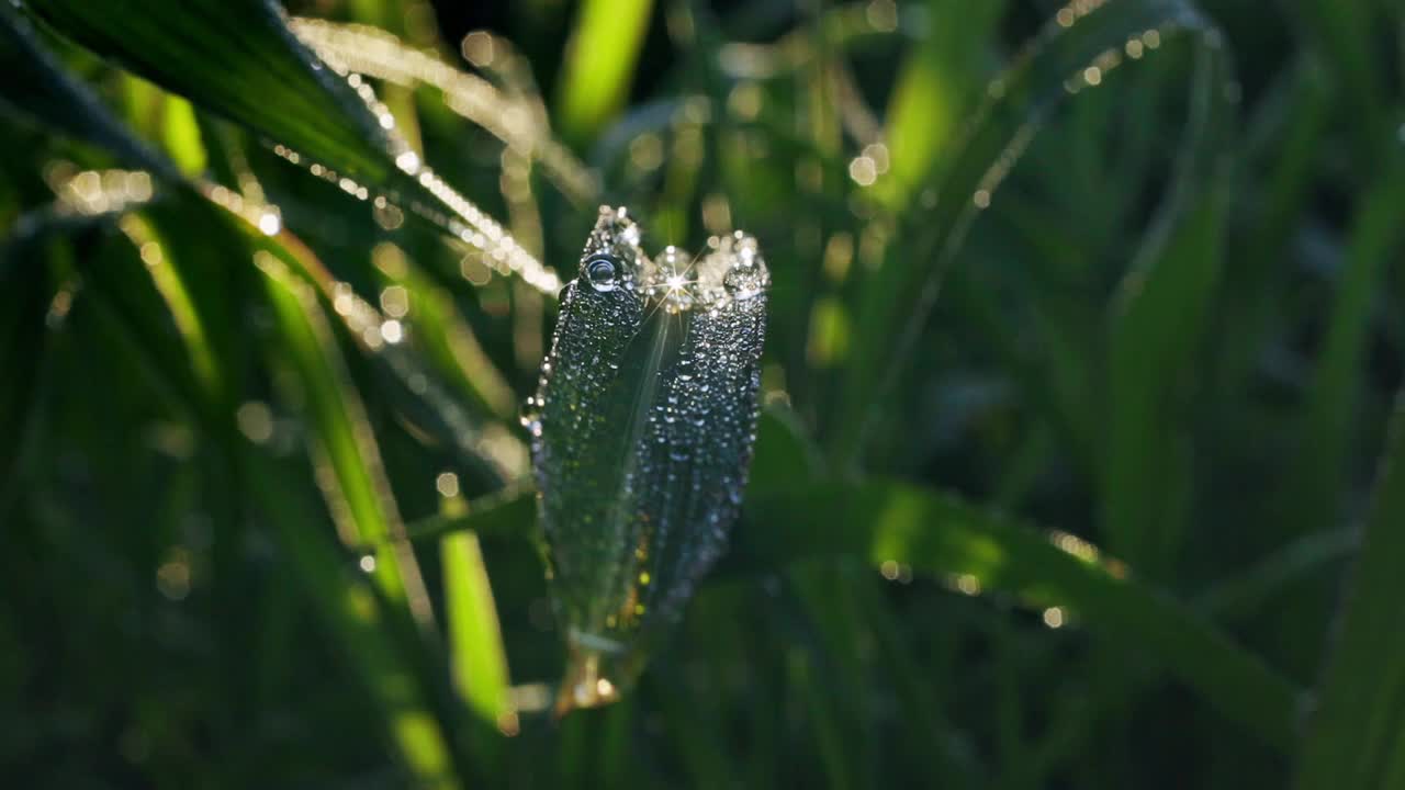 晨露洒在阳光下的草叶上视频素材