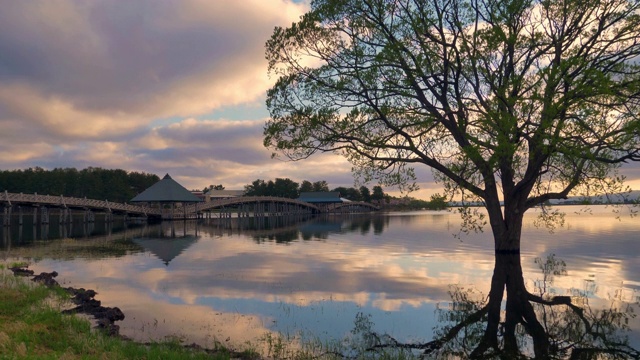 日本青森县北糖谷区，湖和鹤井桥日落景观视频素材