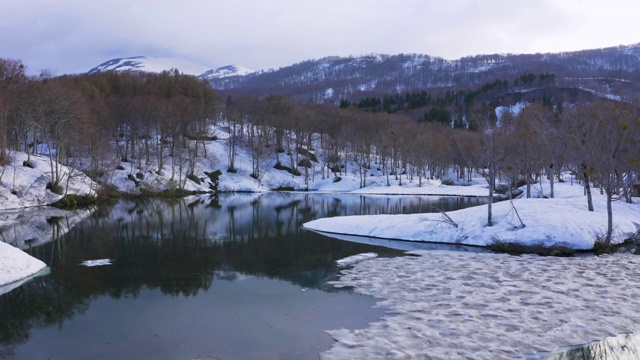 WS空中景观与湖在冬季，加山，山形县，日本视频素材