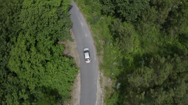 一辆灰色汽车在绿色森林的道路上行驶的鸟瞰图，从上方的无人机在汽车上方拍摄视频素材