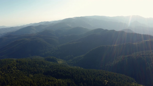 镜头光晕的太阳通过杉树的顶部在全景的山景观和山湖在日出在夏季早晨对无人机向前的蓝天鸟瞰图。大自然。放松视频素材