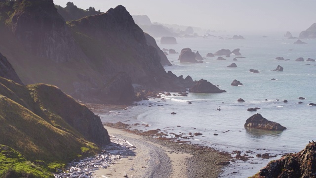 在俄勒冈州Lone Ranch海滩，太平洋海浪拍打着岩石和悬崖视频素材