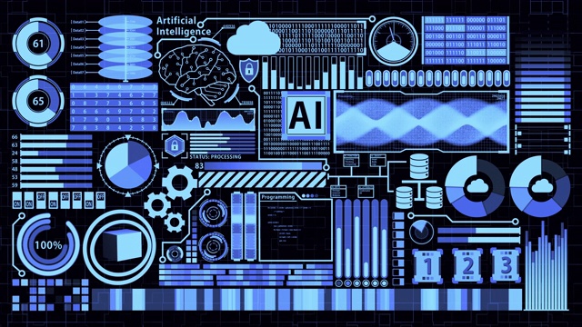 未来详细的AI HUD，包括数字大脑，云计算，数据库，编码，和许多蓝色数字元素与抽象背景。优质黄麻。视频下载