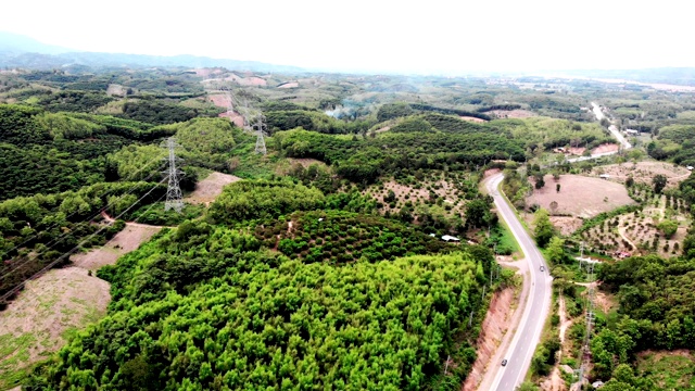 鸟瞰图的白色汽车行驶在乡村道路在森林。无人机在松树林的砾石路上飞行视频素材