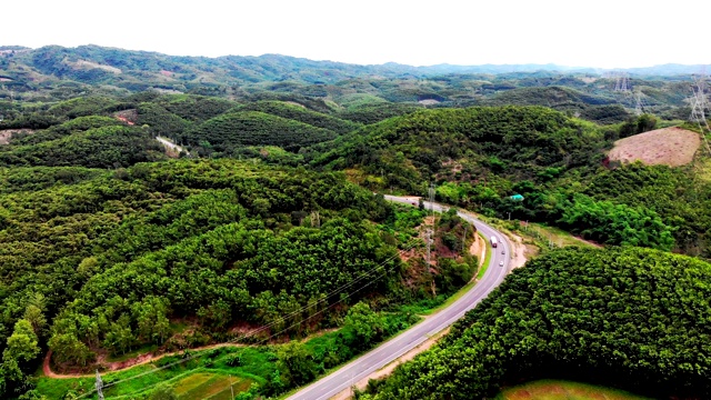 鸟瞰图的白色汽车行驶在乡村道路在森林。无人机在松树林的砾石路上飞行视频素材