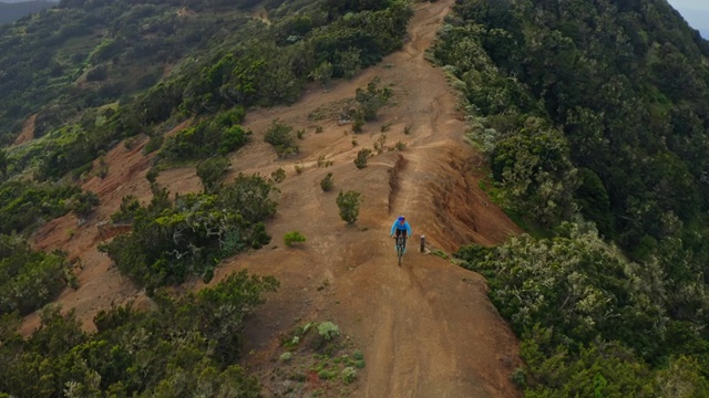 WS AERIAL POV TS在山顶骑山地车的人骑下山/加那利群岛，西班牙视频素材