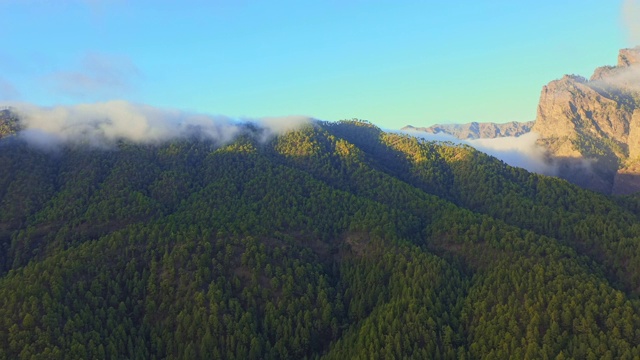 西班牙加那利群岛绿色山丘上的空中WS云视频素材