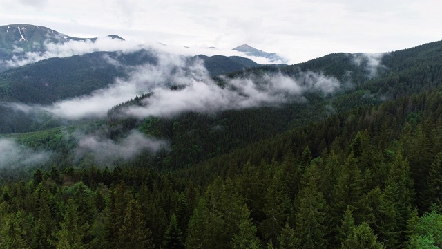 飞过山顶的云层。峰峦叠翠，自然景观优美视频素材