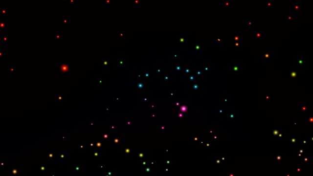 动画点的彩色粒子点分散在黑暗的天空视频素材