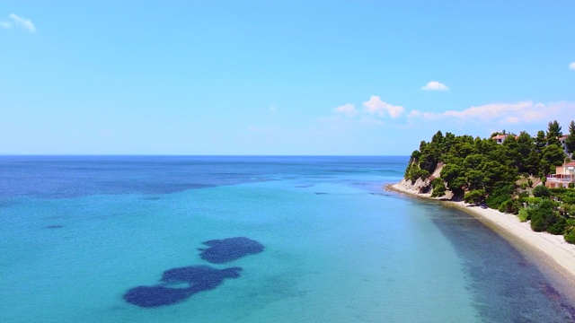 海岸有绿色的树木和沙滩，绿松石透明的海。假期旅游的概念。鸟瞰图视频素材