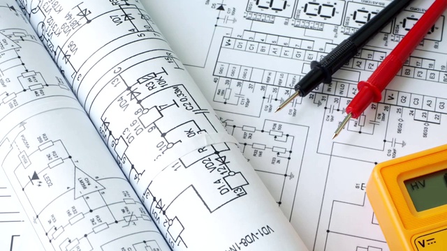 数字万用表、铅笔和纸张工程电气图纸视频素材