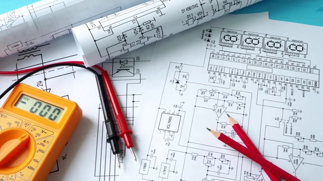 数字万用表、铅笔和纸张工程电气图纸视频素材