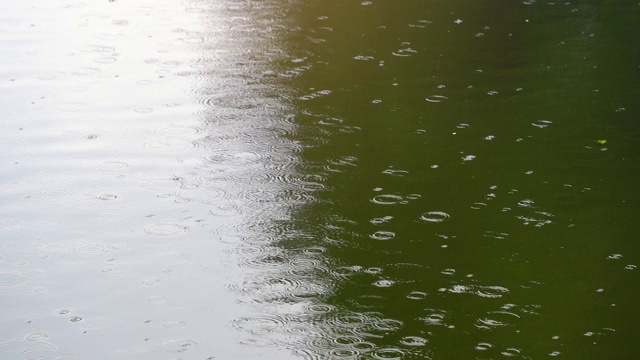 雨点落在水面上，敲打着湖面，发出雷声视频素材