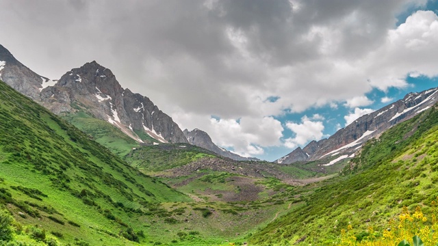 青山绿水的山谷景观。美丽的山绿色山谷全景。山草甸花谷景。山谷草甸鲜花景观。间隔拍摄4 k视频素材