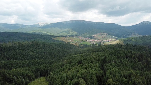 风景的山峰覆盖在厚厚的松林在多云的一天在喀尔巴阡山脉，乌克兰视频素材