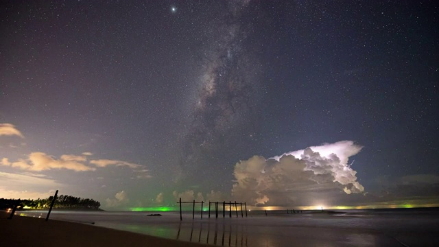 时间流逝4K的银河，星夜在旧木桥和大海上移动视频下载