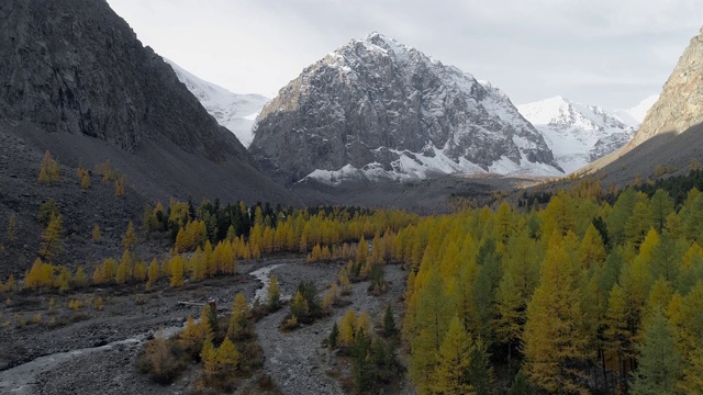 飞越山谷秋树和河流之间的高山。无人机视频视频素材