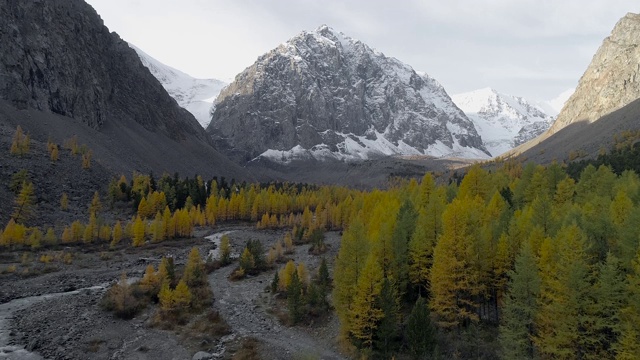 飞越山谷秋树和河流之间的高山。无人机视频视频素材